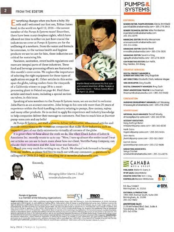 Letter from the editor section of Pumps & Systems applauding Chuck Lohre for his technical writing ability in Industrial PR