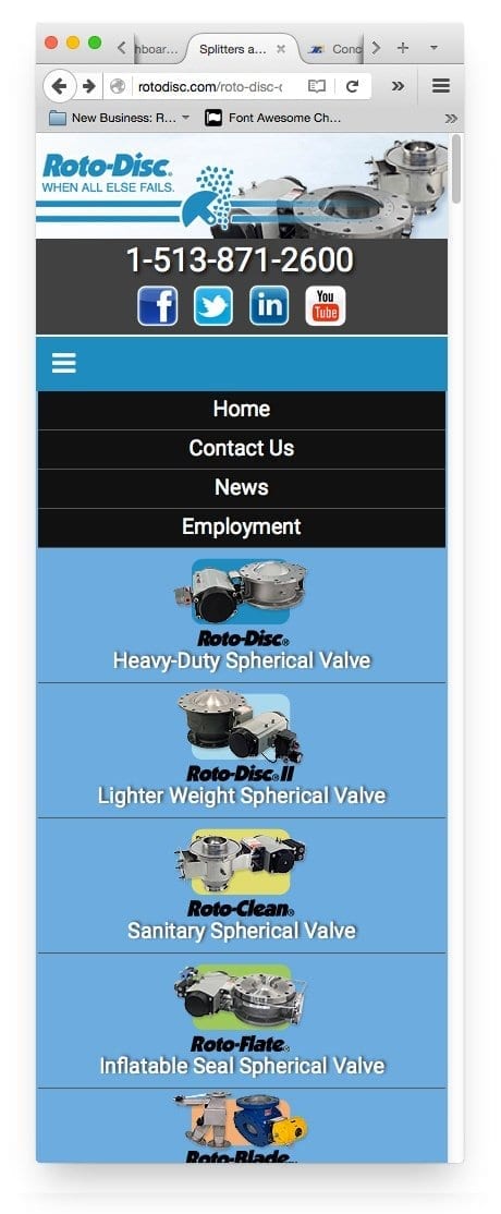 Mobile width view of Nav menu for Web Design / Website Design for Rotodisc Cincinnati