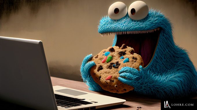 Industrial Marketing Illustration For Cookies Used For Advertising - Depicts Blue Monster Eating Cookies At A Laptop