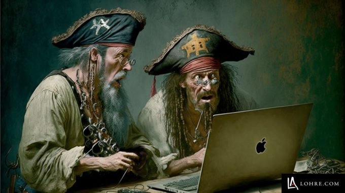 Data Mining Pirates Ilustration - Two Pirates At A Laptop