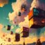 Content Delivery Network for Industrial Websites Illustration, fantasy sci fi style with arid landscape and floating boxes