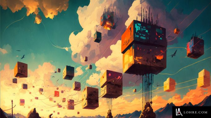 Content Delivery Network For Industrial Websites Illustration, Fantasy Sci Fi Style With Arid Landscape And Floating Boxes