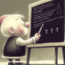 Cartoon illustration of tiny man drawing a new marketing strategy on blackboard