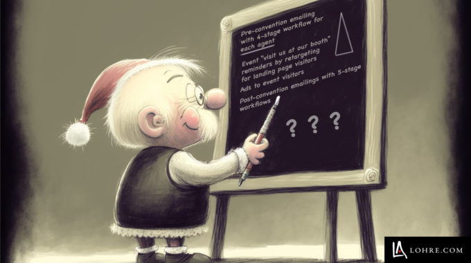 Cartoon Illustration Of Tiny Man Drawing A New Marketing Strategy On Blackboard