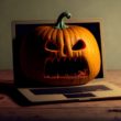 Spooky Graphic For Holiday Website Maintenance - An Illustration Of A Jack-o-lantern Coming Out Of Laptop Screen
