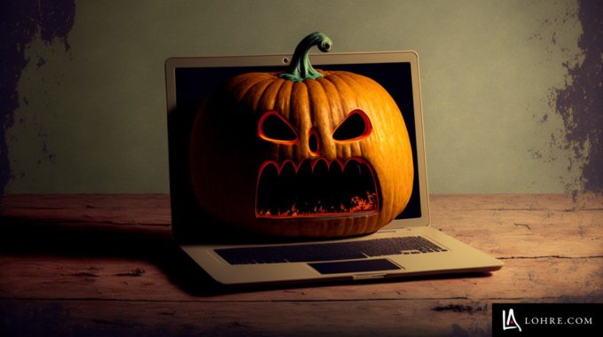 Spooky Graphic For Holiday Website Maintenance - An Illustration Of A Jack-o-lantern Coming Out Of Laptop Screen