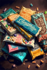 industrial marketing candy illustration - candy bars in pile