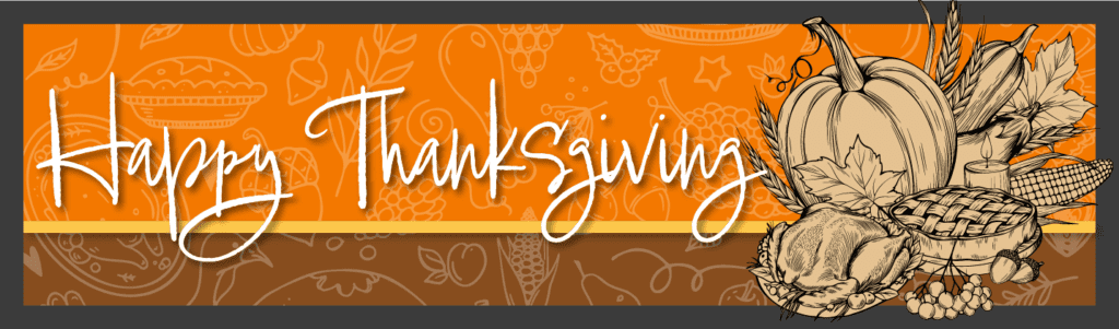 Happy Thanksgiving banner with line art of Thanksgiving food.