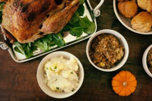 Picture of a thanksgiving dinner - turkey, gravy, mashed potatoes