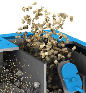 3D Industrial Machinery Illustration Of Hammer Mill, Closeup Showing Nut Shells Falling Into The Feeder