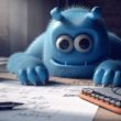 Blue Monster At A Desk Working At An Industrial Copywriting Agency Writing Industrial Trade Articles