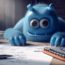 blue monster at a desk working at an industrial copywriting agency writing industrial trade articles