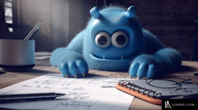 Blue Monster At A Desk Working At An Industrial Copywriting Agency Writing Industrial Trade Articles