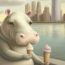 Illustration for "Why a Cincinnati Web Development Agency?" featuring Fionna the hippo eatingsome good Cincinnati ice cream at the Riverfront
