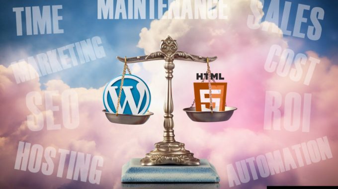 Comparing Wordpress To HTML For B2B Websites - Image Shows An Old Fashioned Scale Weighing HTML Logo Vs Wordpress Logo
