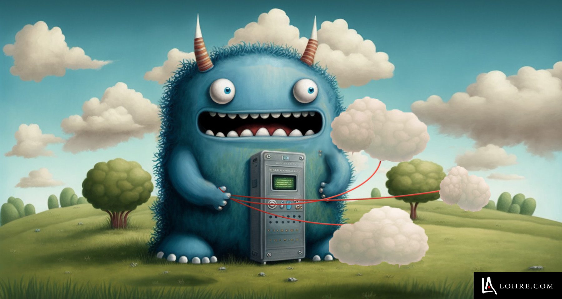 hero image for web maintenance website management - shows a monster with a server and three clouds on a leash