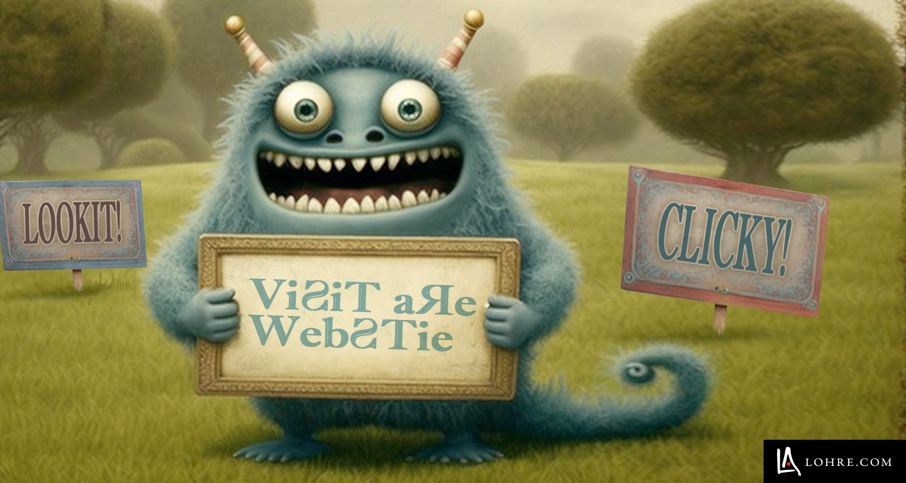 Monster surrounded by crude wooden signs as an image for industrial programmatic advertising