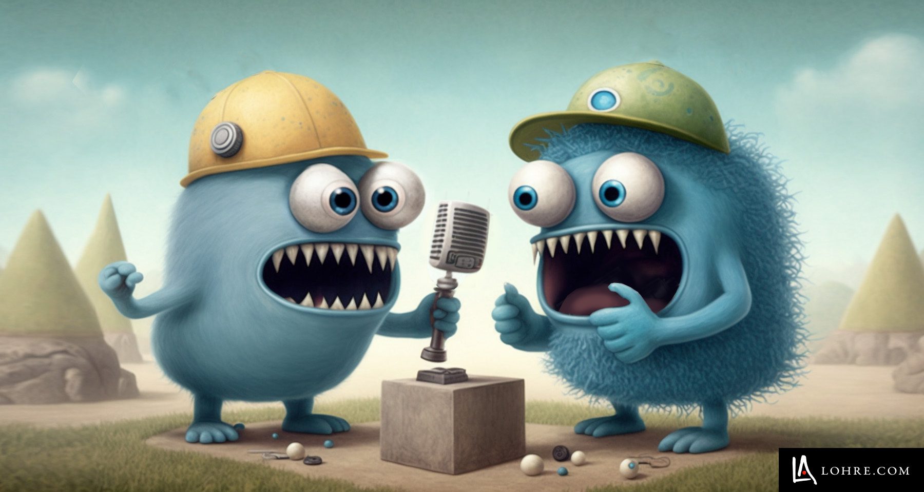 Industrial public relations hero image featuring two blue monsters in hard hats using a microphone