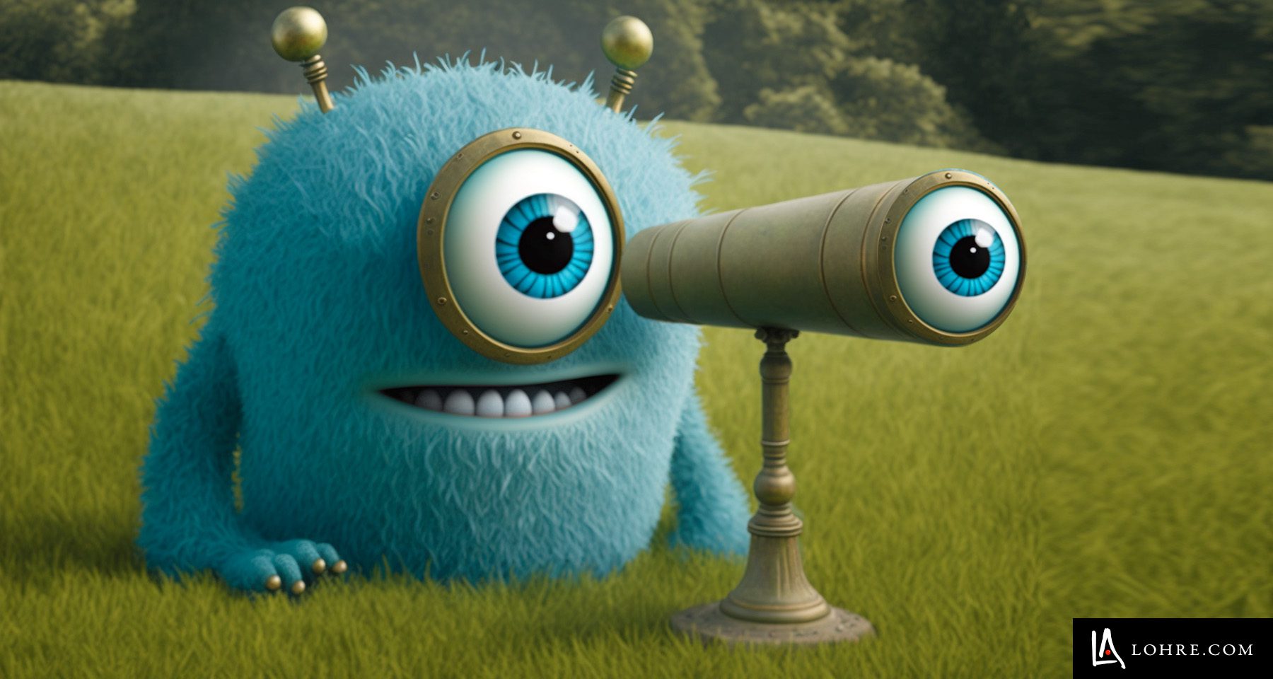 Cute monster looking through telescope as an image for industrial search engine marketing industrial SEM