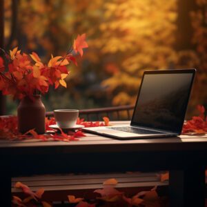 Illustration for building an autumn marketing plan - a laptop on an outdoor table surrounded by colorful autumn leaves.