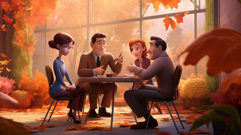 Illustration of 4 marketing people at a table in autumn creating next year's marketing plan